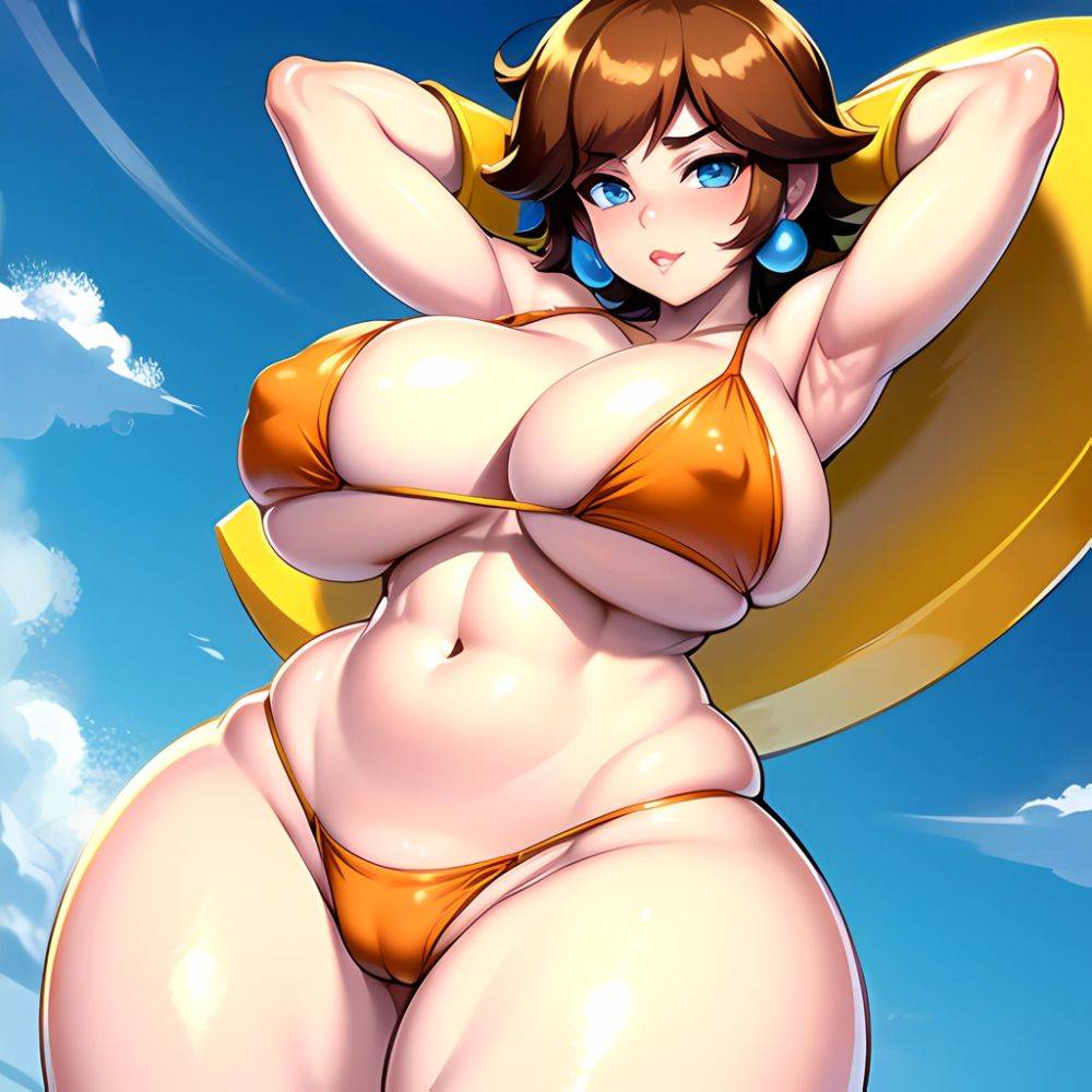 1girl Areola Slip Armpits Arms Behind Head Bikini Blue Eyes Blush Breasts Brown Hair Cleavage Huge Breasts Legs Mario Series, 819016749 - AIHentai - #main