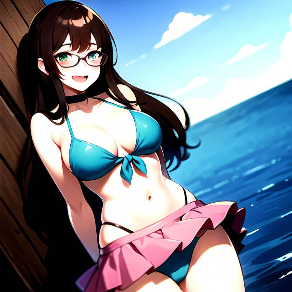 1girl D Bikini Bikini Bottom Aside Bikini Skirt Black Choker Blush Breasts Brown Hair Choker Cleavage Clothing Aside Front Tie, 72415494 - AIHentai - #main
