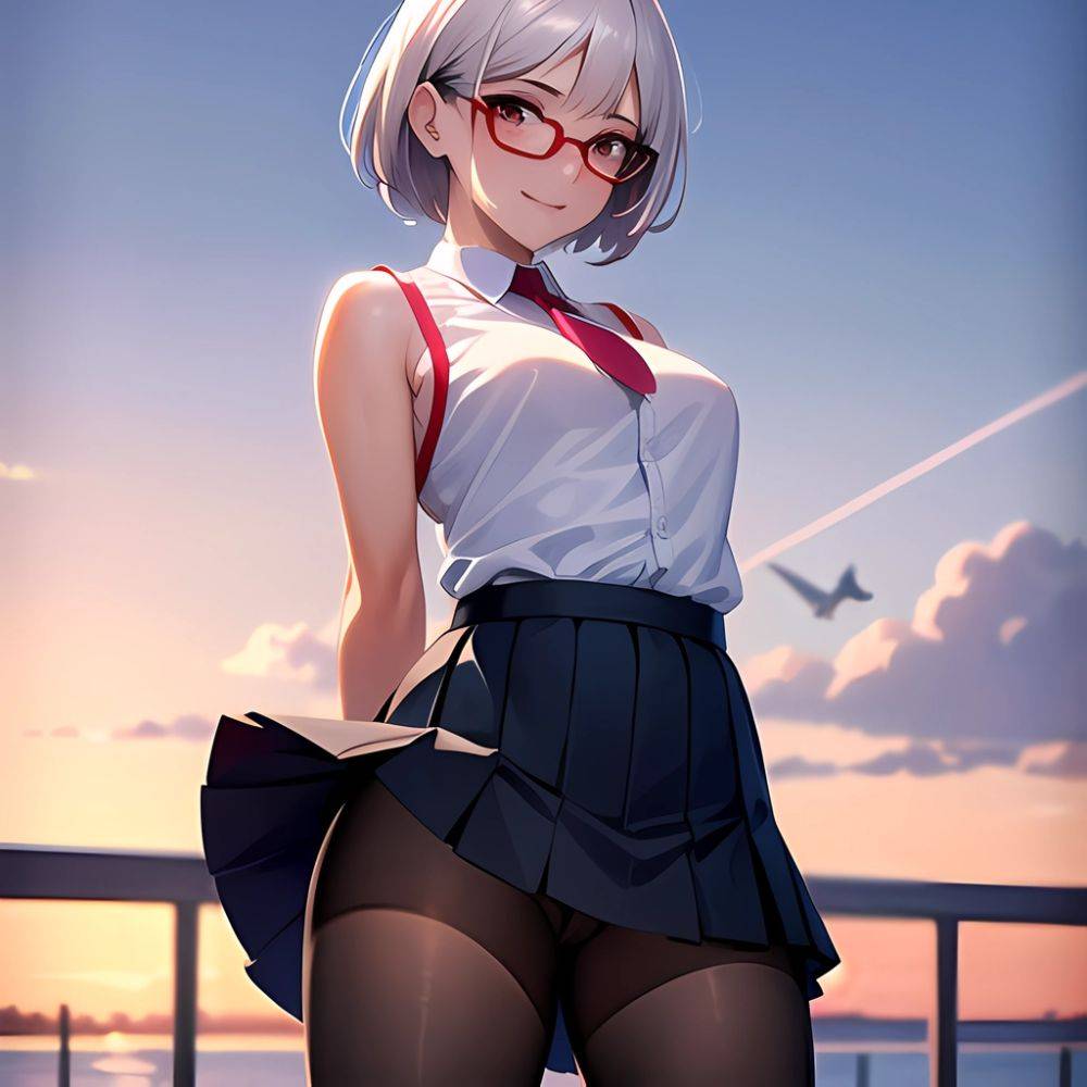 1girl Aircraft Bird Breasts Brown Eyes Clothes Lift Cloud Cloudy Sky Cowboy Shot Curtsey Dark Skinned Female Dark Skin Day, 1610373934 - AIHentai - #main