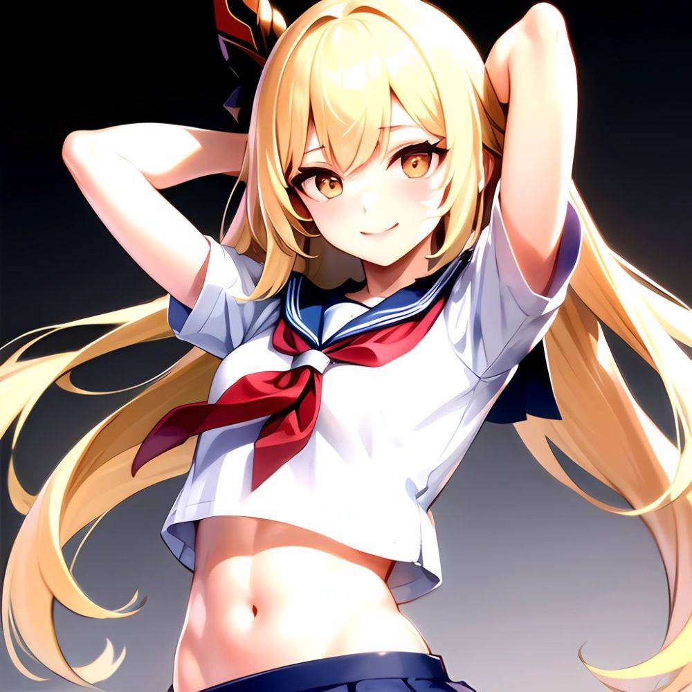 1girl Arms Up Arms Behind Head Blonde Hair Blue Skirt Bow Crop Top Crop Top Overhang Genshin Impact Gradient Background, 3708820663 - AIHentai - #main