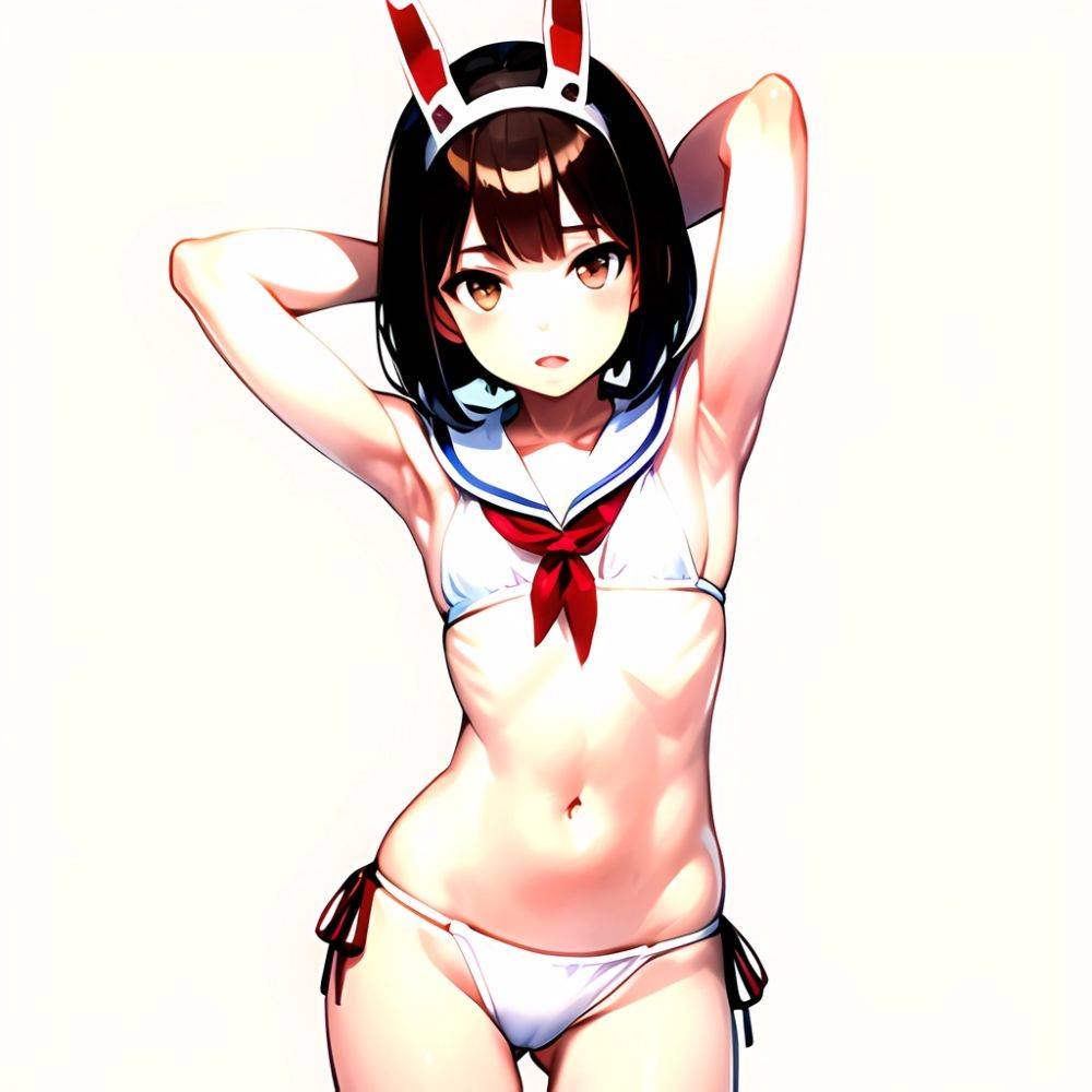 1girl Arms Up Arms Behind Head Bikini Bob Cut Brown Eyes Brown Hair Cosplay Cowboy Shot Flat Chest Headgear Inverted, 3814451510 - AIHentai - #main