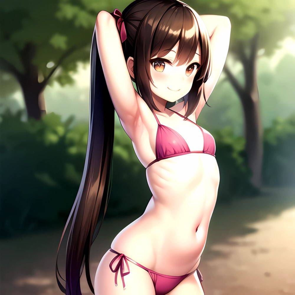 1girl Armpits Arms Behind Head Bikini Brown Eyes Brown Hair Cowboy Shot Dot Nose Flat Chest From Side Hair Ornament, 1238252048 - AIHentai - #main