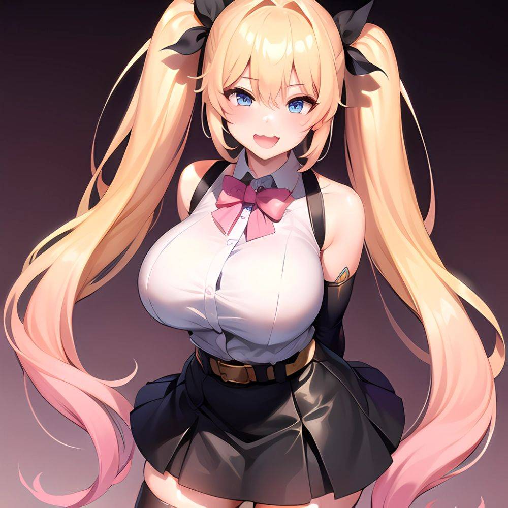 1girl Aymusk Belt Black Skirt Blonde Hair Blue Eyes Blush Bow Bowtie Breasts Curvy Elbow Gloves Fang Gloves Gradient Background, 2905672435 - AIHentai - #main