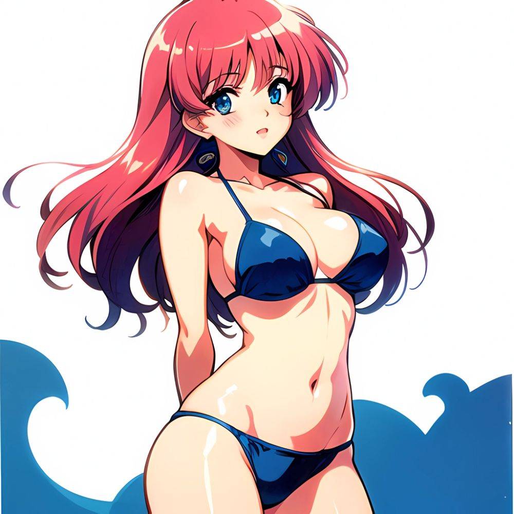 1990s Style 1girl Arms Behind Back 1 4 Bikini Blue Bikini Blue Eyes Cowboy Shot Kokura Masashi Long Hair Looking, 3360717262 - AIHentai - #main