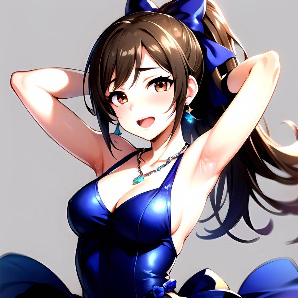 1girl Absurdres Armpits Arms Up Ayase Honoka Black Gloves Blue Bow Blue Dress Blush Bow Breasts Brown Eyes Brown Hair, 3839755190 - AIHentai - #main