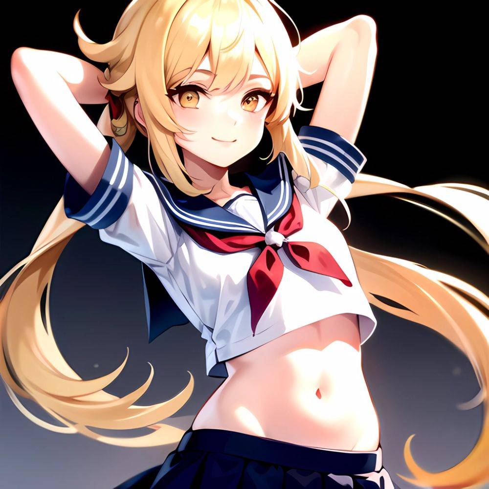 1girl Arms Up Arms Behind Head Blonde Hair Blue Skirt Bow Crop Top Crop Top Overhang Genshin Impact Gradient Background, 3234597297 - AIHentai - #main