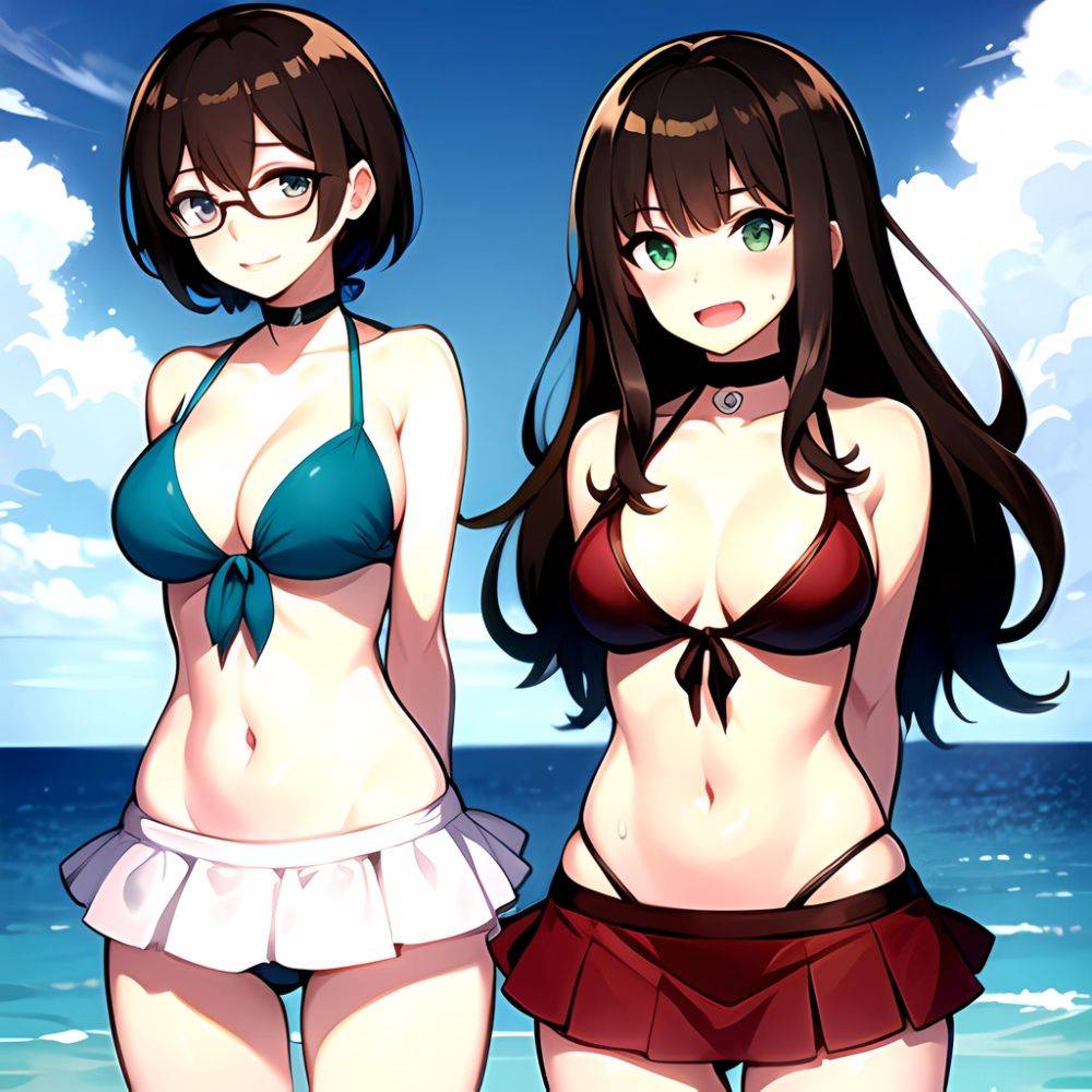 1girl D Bikini Bikini Bottom Aside Bikini Skirt Black Choker Blush Breasts Brown Hair Choker Cleavage Clothing Aside Front Tie, 2763834814 - AIHentai - #main
