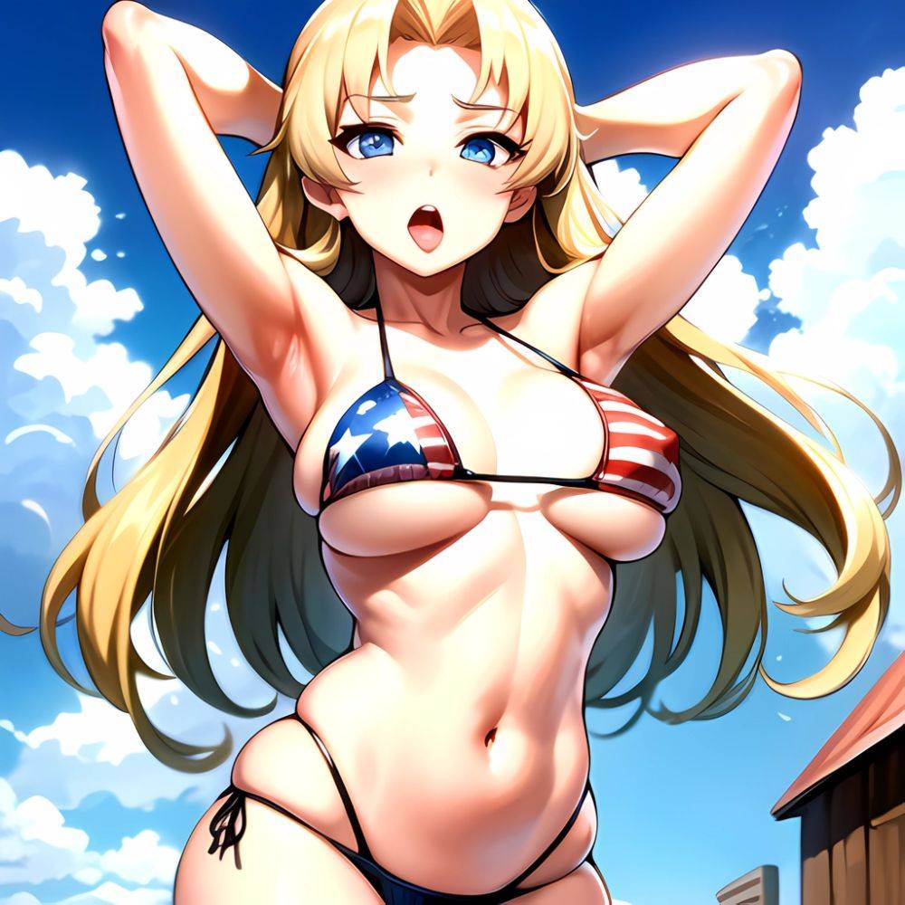 1girl American Flag Bikini Armpits Arms Behind Head Bikini Blonde Hair Blue Eyes Blush Breasts Covered Erect Nipples Flag Print, 3157933697 - AIHentai - #main