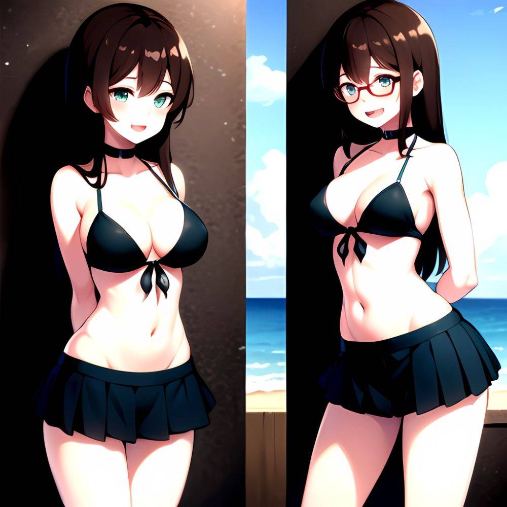 1girl D Bikini Bikini Bottom Aside Bikini Skirt Black Choker Blush Breasts Brown Hair Choker Cleavage Clothing Aside Front Tie, 3563739292 - AIHentai - #main