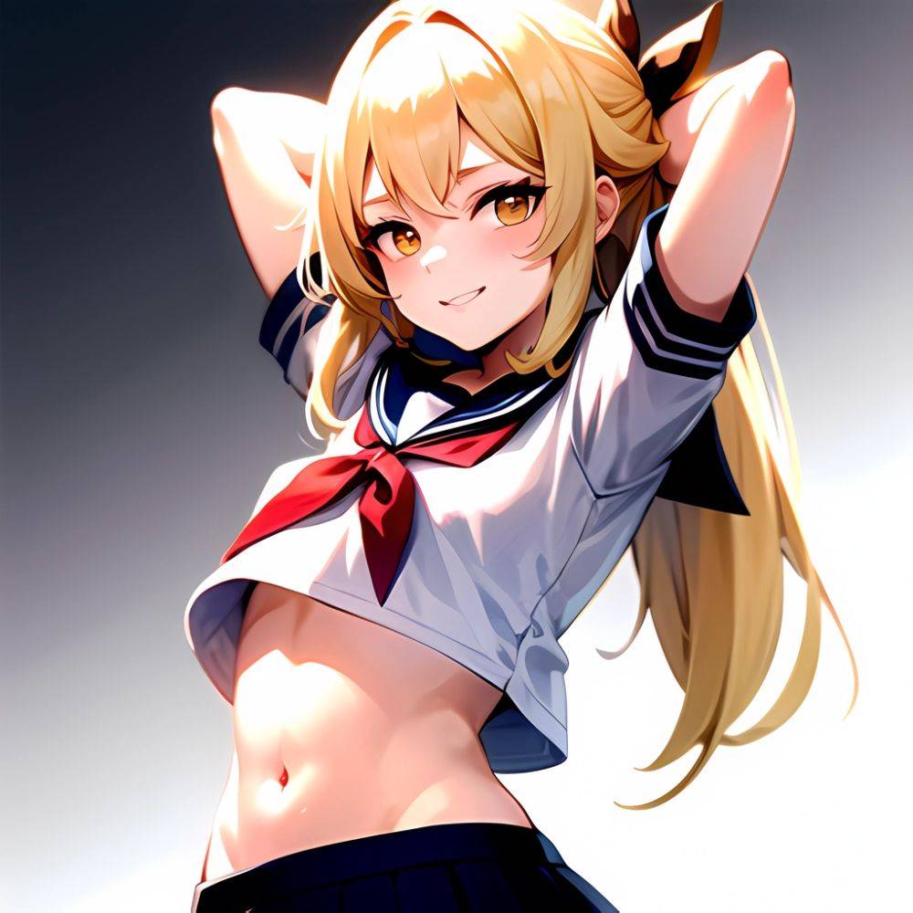 1girl Arms Up Arms Behind Head Blonde Hair Blue Skirt Bow Crop Top Crop Top Overhang Genshin Impact Gradient Background, 3949459195 - AIHentai - #main