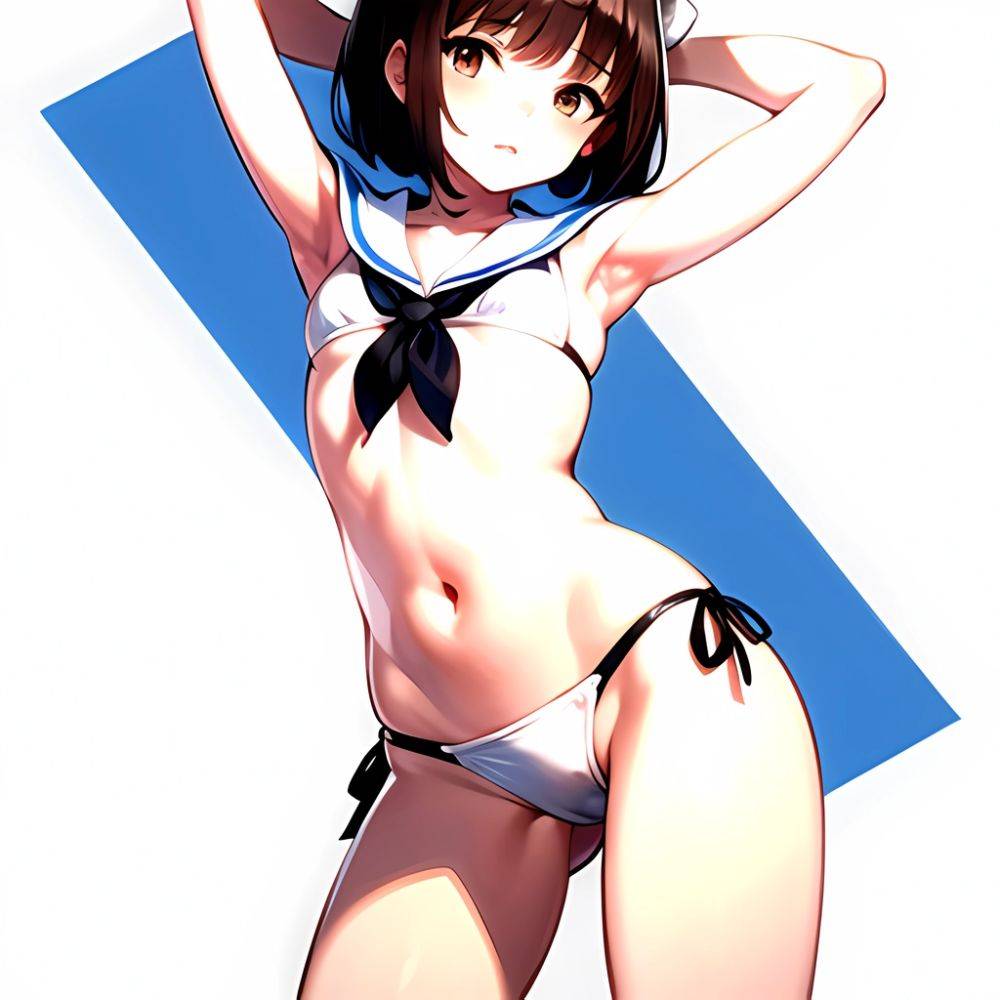 1girl Arms Up Arms Behind Head Bikini Bob Cut Brown Eyes Brown Hair Cosplay Cowboy Shot Flat Chest Headgear Inverted, 4025735858 - AIHentai - #main