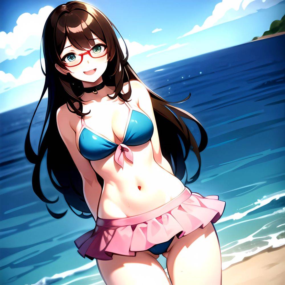 1girl D Bikini Bikini Bottom Aside Bikini Skirt Black Choker Blush Breasts Brown Hair Choker Cleavage Clothing Aside Front Tie, 1946267118 - AIHentai - #main