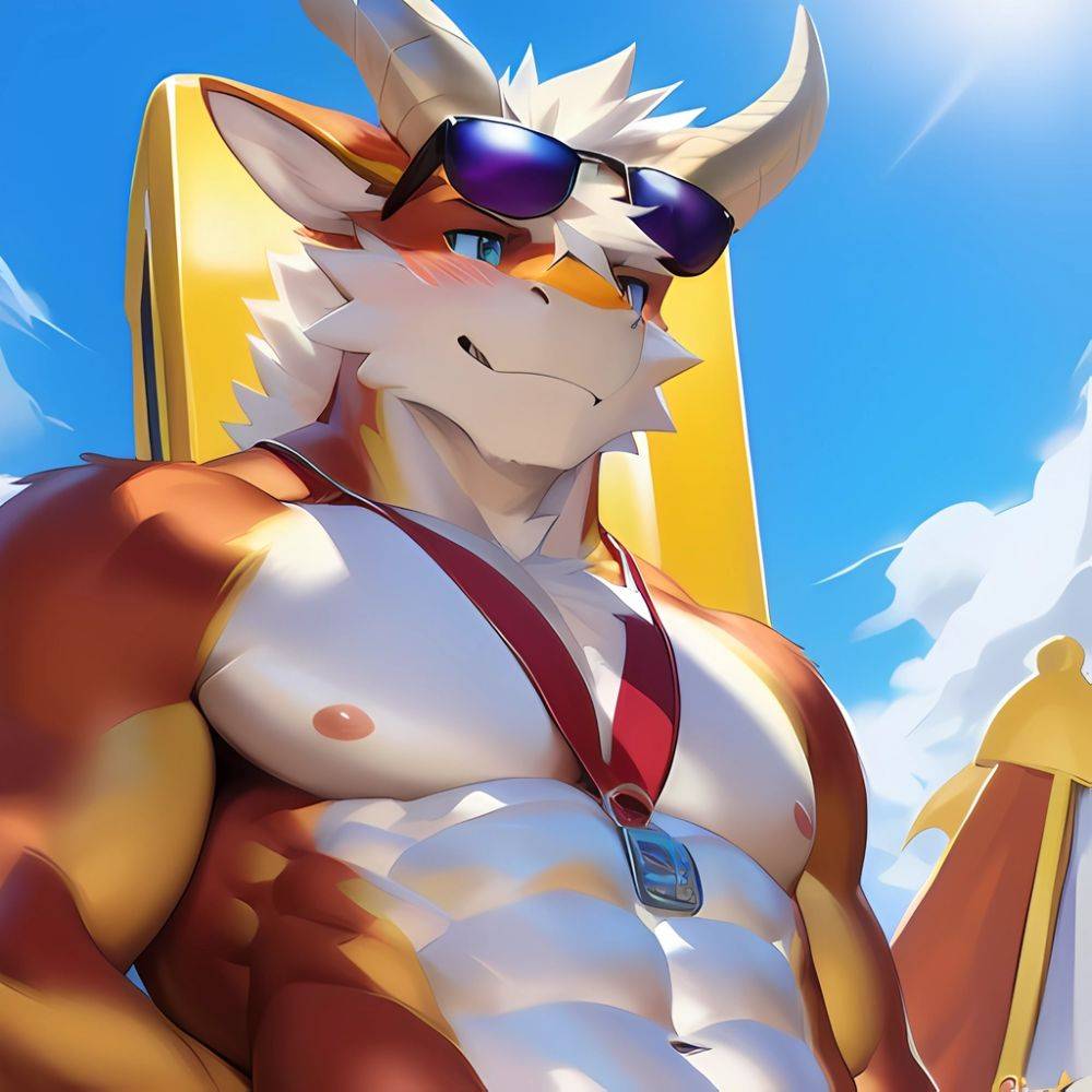 Male Anthro Muscle Kemono Dragon Penis Hard Penis Yellow Body Blush Lifeguard Sunglasses Beach White Mane Horns Chunie Meesh Kiy, 1048315850 - AIHentai - #main