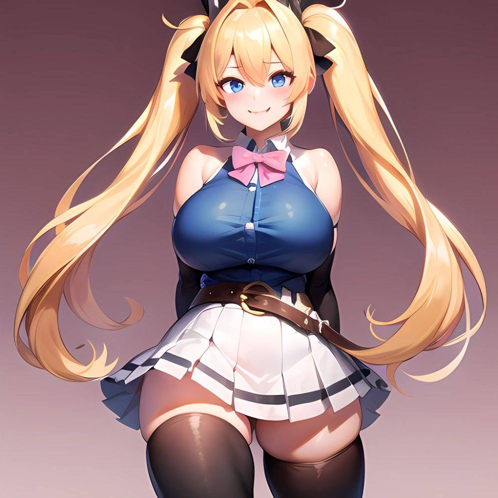 1girl Aymusk Belt White Skirt Blonde Hair Blue Eyes Blush Bow Bowtie Breasts Curvy Elbow Gloves Fang Gloves Gradient Background, 3302567382 - AIHentai - #main