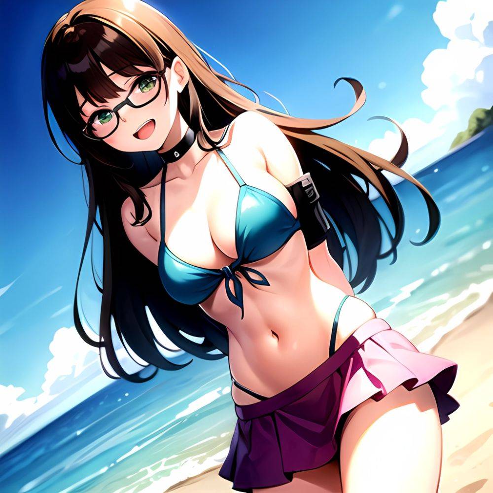 1girl D Bikini Bikini Bottom Aside Bikini Skirt Black Choker Blush Breasts Brown Hair Choker Cleavage Clothing Aside Front Tie, 1017989186 - AIHentai - #main