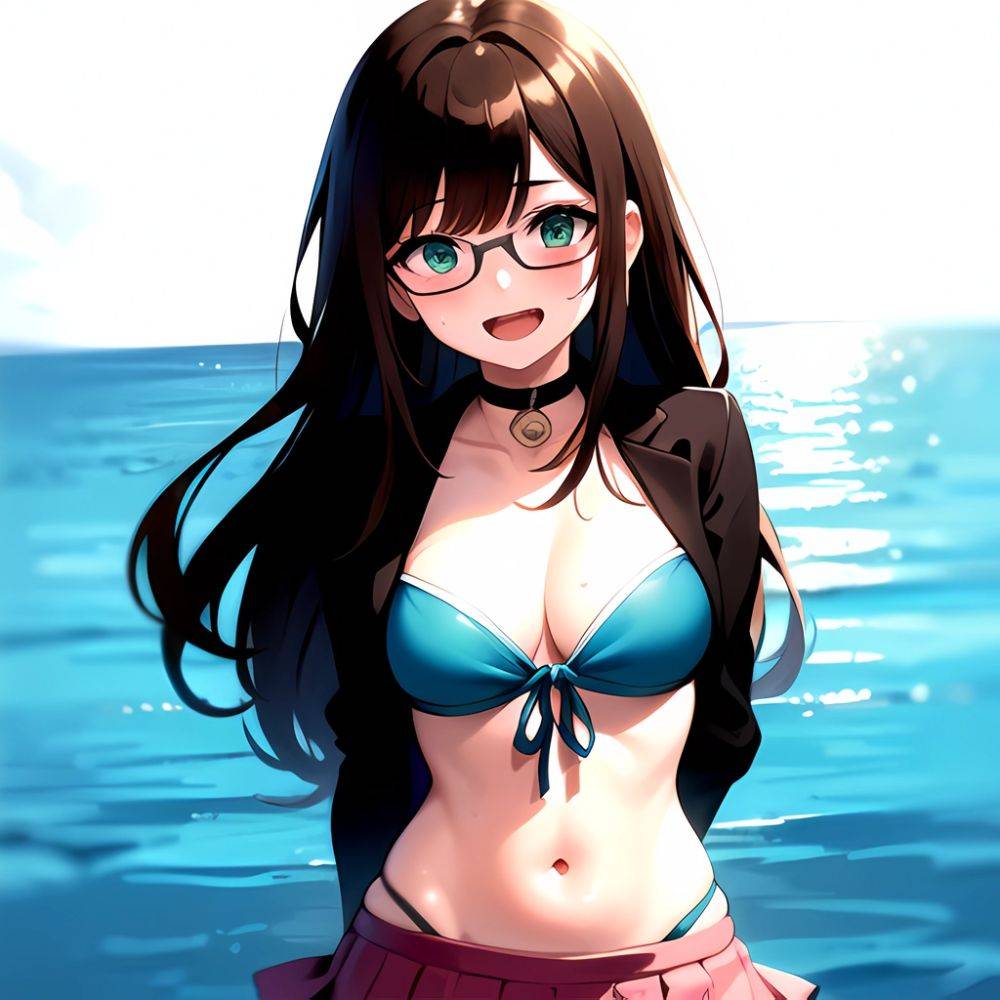 1girl D Bikini Bikini Bottom Aside Bikini Skirt Black Choker Blush Breasts Brown Hair Choker Cleavage Clothing Aside Front Tie, 4188053105 - AIHentai - #main