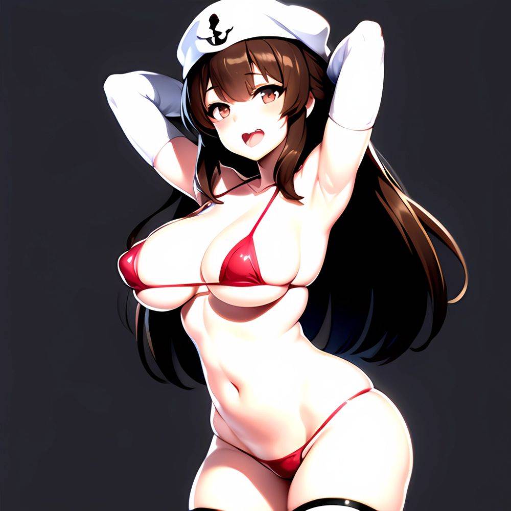 1girl Armpits Arms Behind Head Bikini Blush Breasts Brown Eyes Brown Hair Covered Erect Nipples Elbow Gloves Girls Und Panzer, 3674065537 - AIHentai - #main