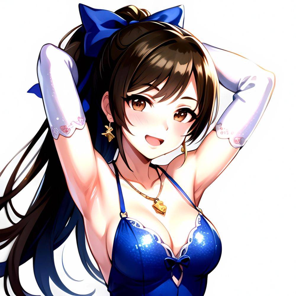 1girl Absurdres Armpits Arms Up Ayase Honoka Black Gloves Blue Bow Blue Dress Blush Bow Breasts Brown Eyes Brown Hair, 1367693054 - AIHentai - #main