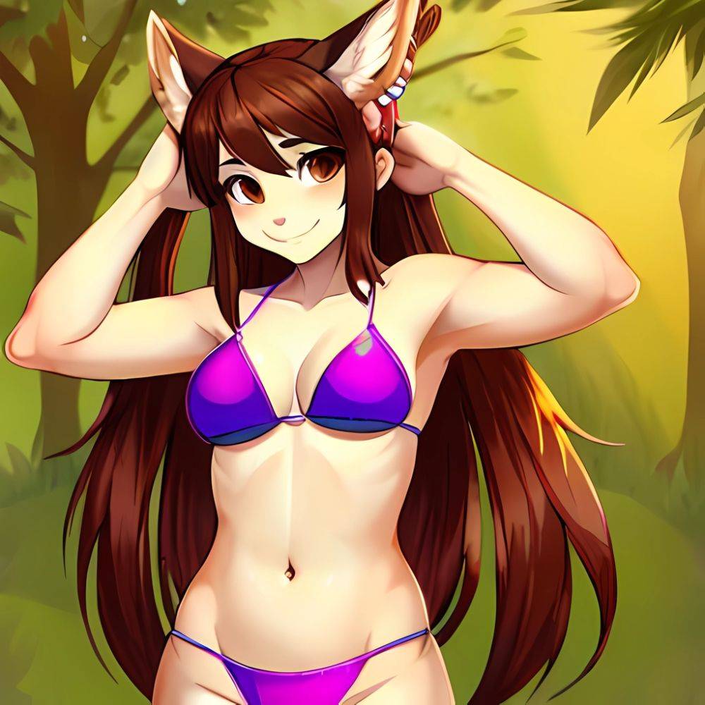 1girl Adjusting Hair Armpits Arms Behind Head Bikini Brown Eyes Brown Hair Cowboy Shot Dot Nose Flat Chest From Side, 411473926 - AIHentai - #main