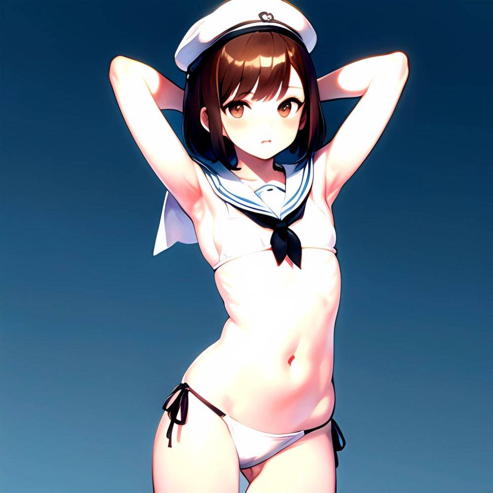 1girl Arms Up Arms Behind Head Bikini Bob Cut Brown Eyes Brown Hair Cosplay Cowboy Shot Flat Chest Headgear Inverted, 3670004510 - AIHentai - #main