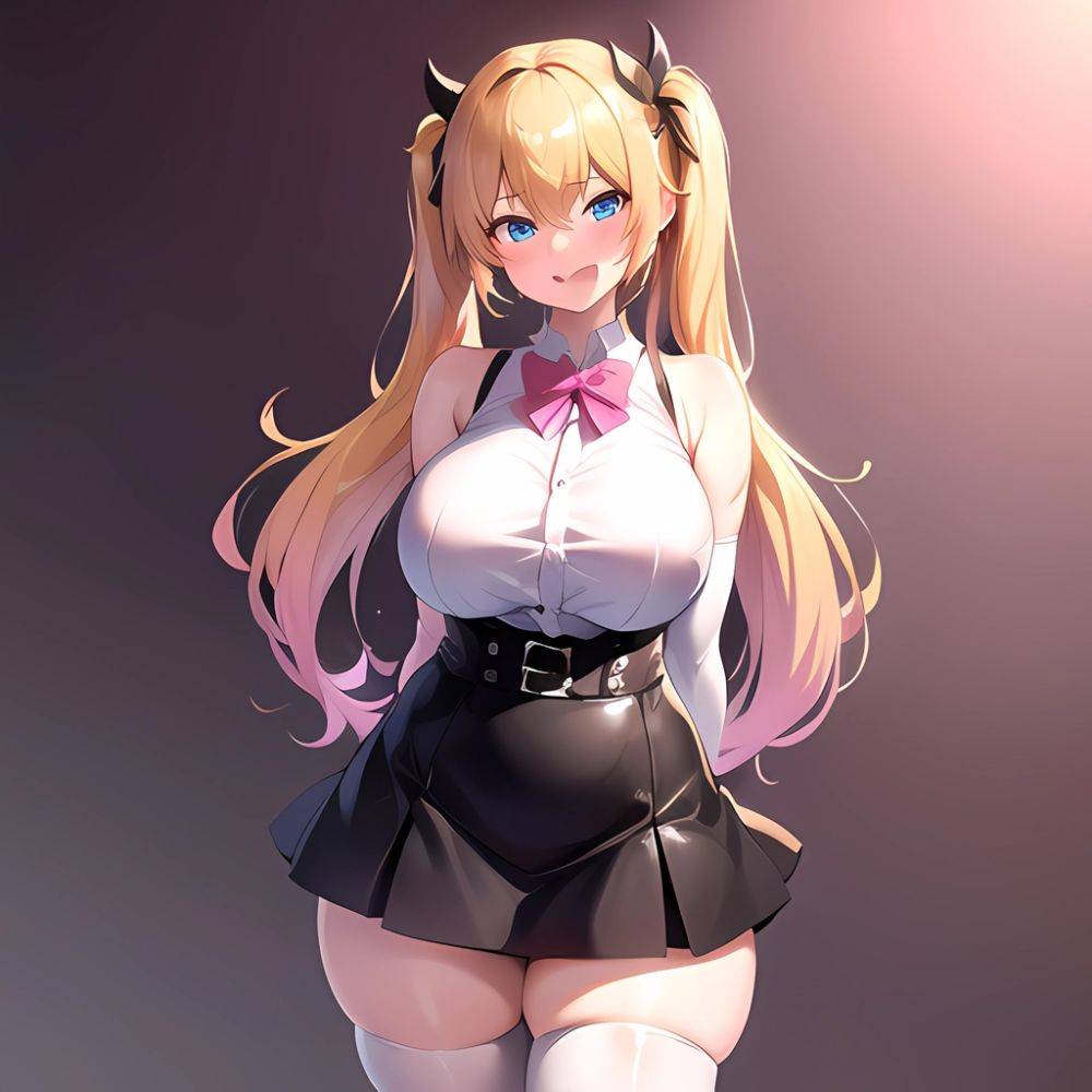 1girl Aymusk Belt Black Skirt Blonde Hair Blue Eyes Blush Bow Bowtie Breasts Curvy Elbow Gloves Fang Gloves Gradient Background, 3915690100 - AIHentai - #main