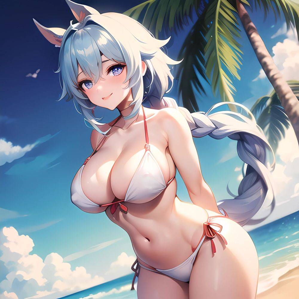 1girl Absurdres Bare Shoulders Beach Bikini Blue Eyes Blue Sky Blush Braid Braided Ponytail Breasts Cleavage Collarbone Genshin, 3959817209 - AIHentai - #main