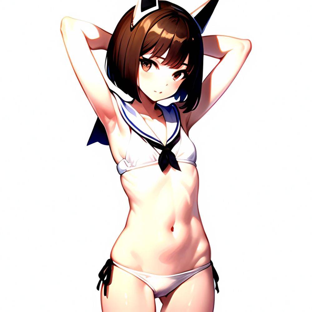 1girl Arms Up Arms Behind Head Bikini Bob Cut Brown Eyes Brown Hair Cosplay Cowboy Shot Flat Chest Headgear Inverted, 2593580908 - AIHentai - #main