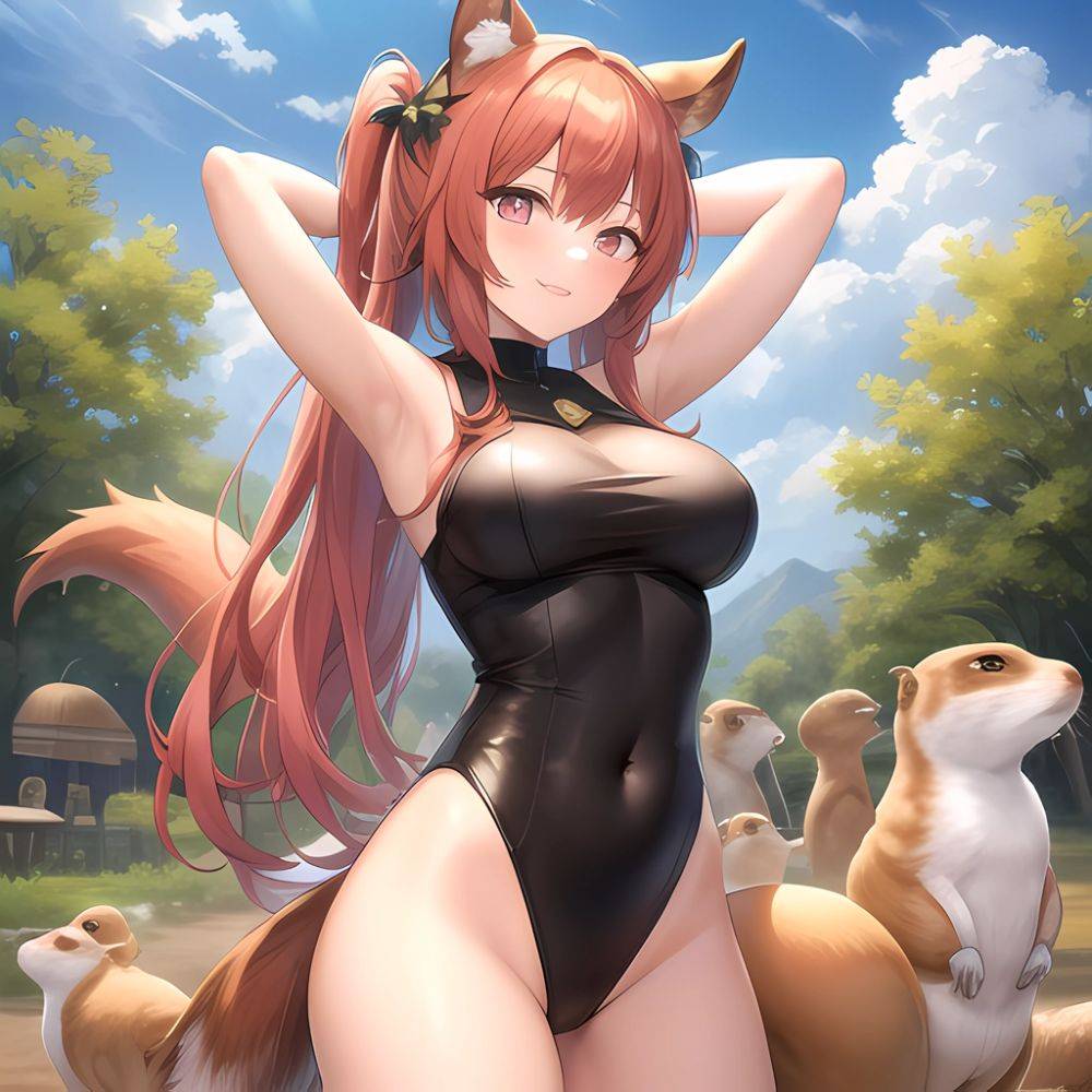 1girl Absurdres Animal Ear Fluff Animal Ears Arknights Arms Behind Head Chest Armor Covered Navel Gravel Arknights Highleg Highl, 369210515 - AIHentai - #main