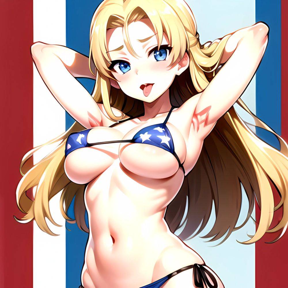 1girl American Flag Bikini Armpits Arms Behind Head Bikini Blonde Hair Blue Eyes Blush Breasts Covered Erect Nipples Flag Print, 1895529896 - AIHentai - #main