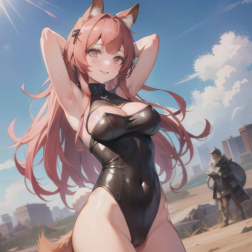 1girl Absurdres Animal Ear Fluff Animal Ears Arknights Arms Behind Head Chest Armor Covered Navel Gravel Arknights Highleg Highl, 255984966 - AIHentai - #main