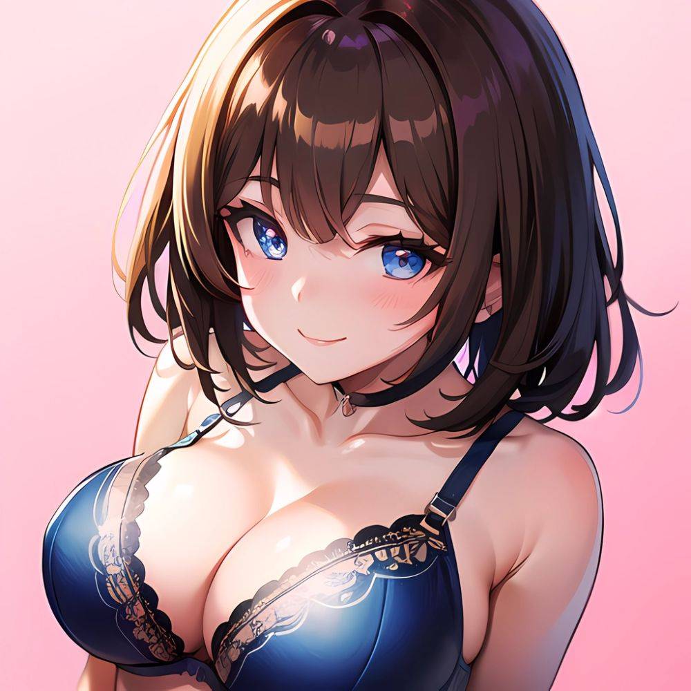 1girl Ai Generated Blue Eyes Blush Breasts Brown Hair Highres Large Breasts Light Smile Looking At Viewer Pink Background Short, 1963442248 - AIHentai - #main