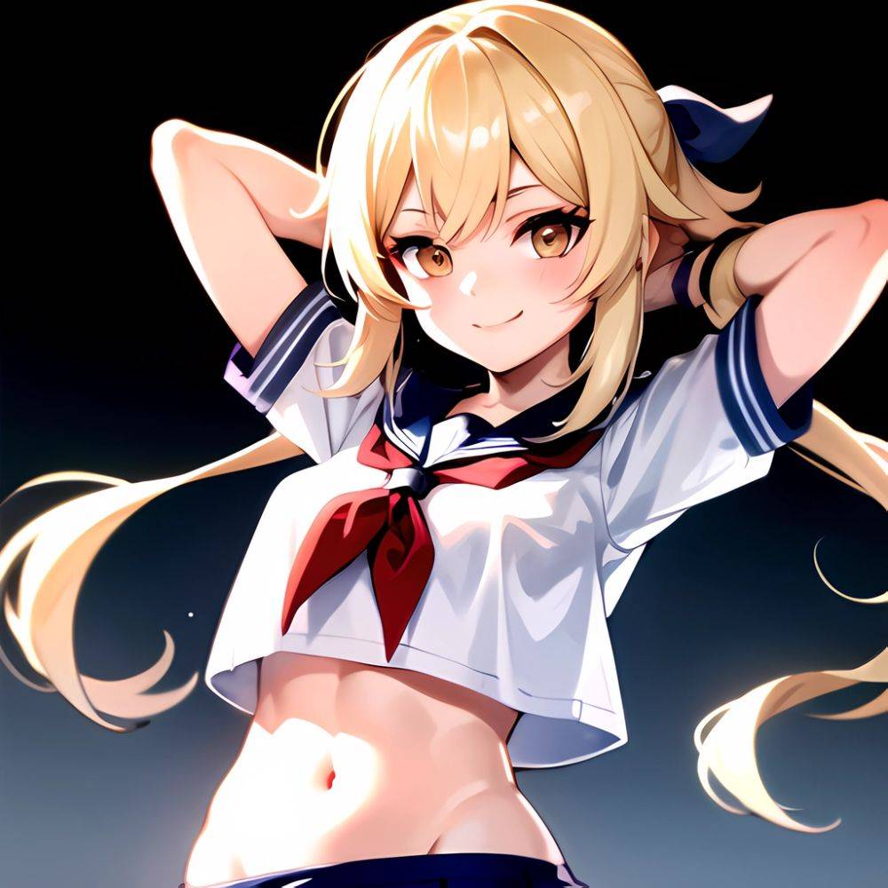 1girl Arms Up Arms Behind Head Blonde Hair Blue Skirt Bow Crop Top Crop Top Overhang Genshin Impact Gradient Background, 2027264715 - AIHentai - #main