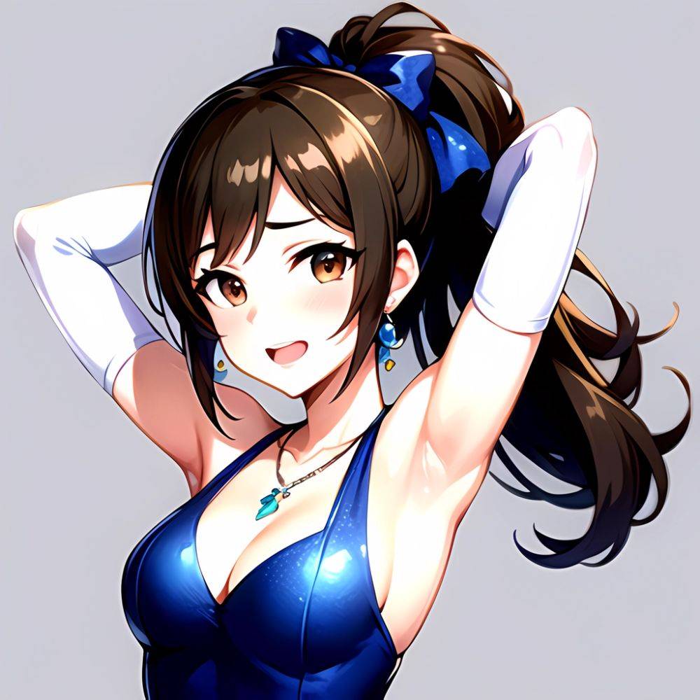 1girl Absurdres Armpits Arms Up Ayase Honoka Black Gloves Blue Bow Blue Dress Blush Bow Breasts Brown Eyes Brown Hair, 3657377762 - AIHentai - #main