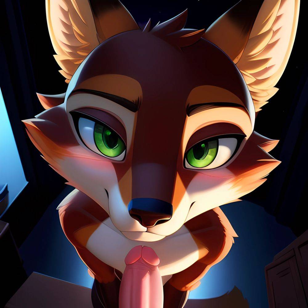 Solo Male Fox Anthro Zootopia Style Detailed Background Slim Smiling Balls Sheath Soft Shading Nighttime Green Eyes 4k Hi Res, 2216007793 - AIHentai - #main