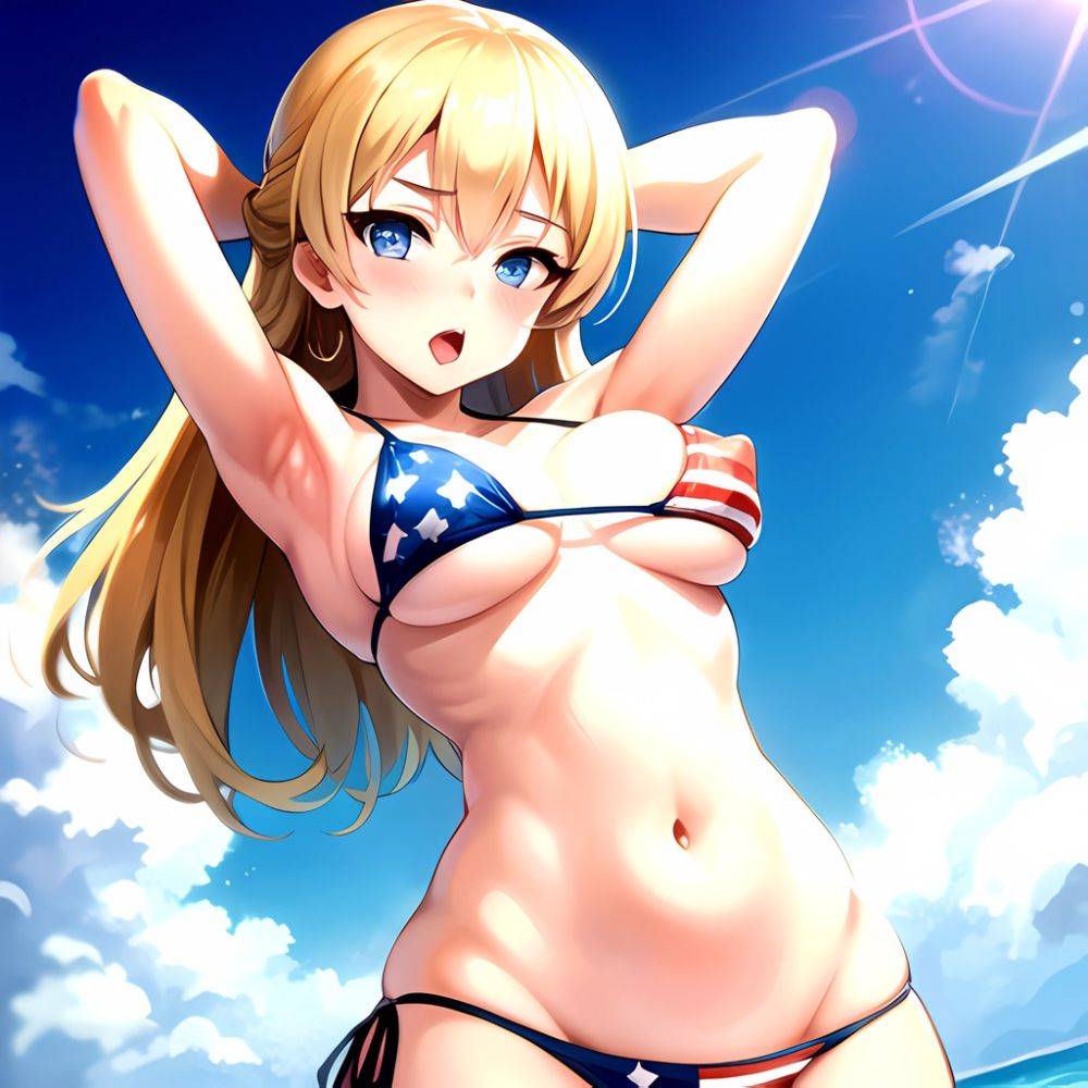 1girl American Flag Bikini Armpits Arms Behind Head Bikini Blonde Hair Blue Eyes Blush Breasts Covered Erect Nipples Flag Print, 2253463505 - AIHentai - #main