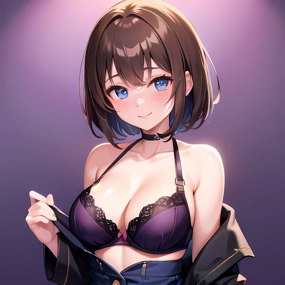 1girl Ai Generated Blue Eyes Blush Breasts Brown Hair Highres Large Breasts Light Smile Looking At Viewer Purple Background Shor, 2260095072 - AIHentai - #main