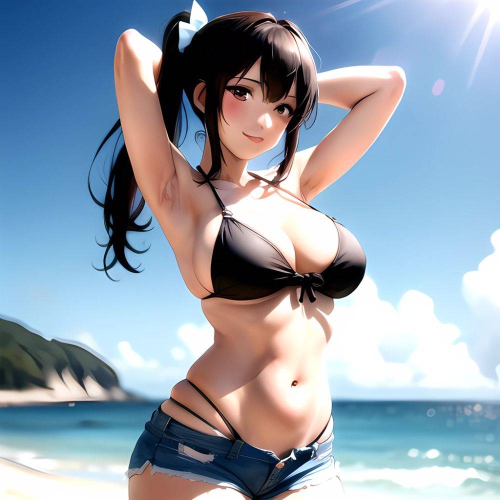 1girl Arms Behind Head Armpits Beach Bikini Bikini Under Shorts Black Bikini Black Hair Blurry Blurry Background Breasts Cleavag, 2970575049 - AIHentai - #main