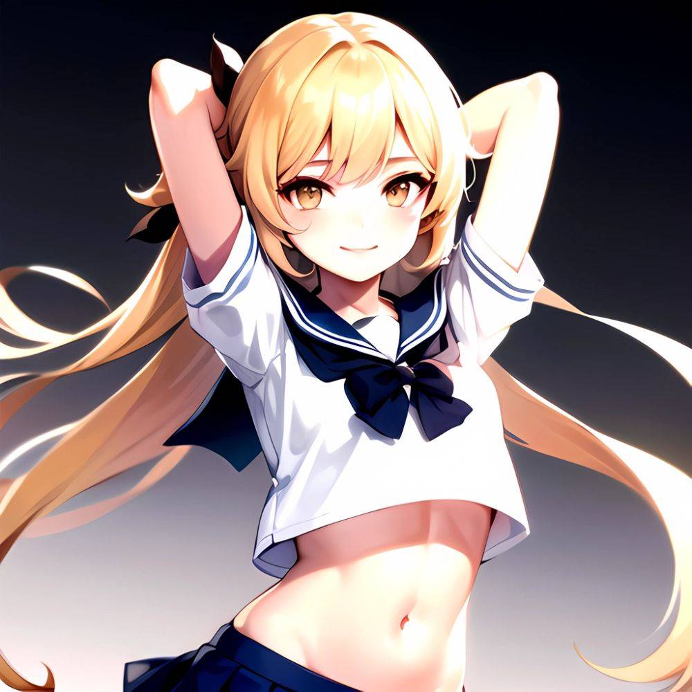 1girl Arms Up Arms Behind Head Blonde Hair Blue Skirt Bow Crop Top Crop Top Overhang Genshin Impact Gradient Background, 1028025259 - AIHentai - #main