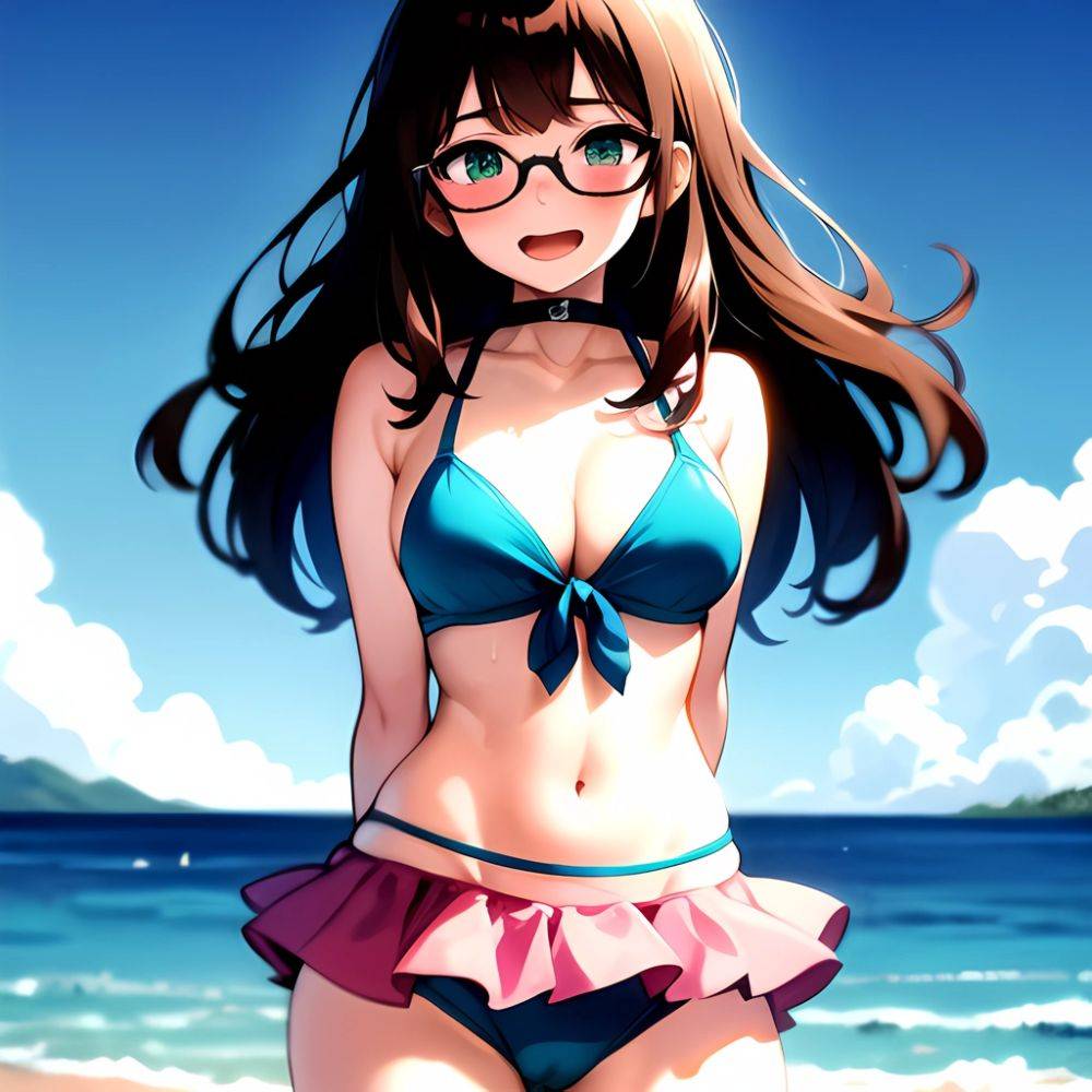 1girl D Bikini Bikini Bottom Aside Bikini Skirt Black Choker Blush Breasts Brown Hair Choker Cleavage Clothing Aside Front Tie, 3395640800 - AIHentai - #main