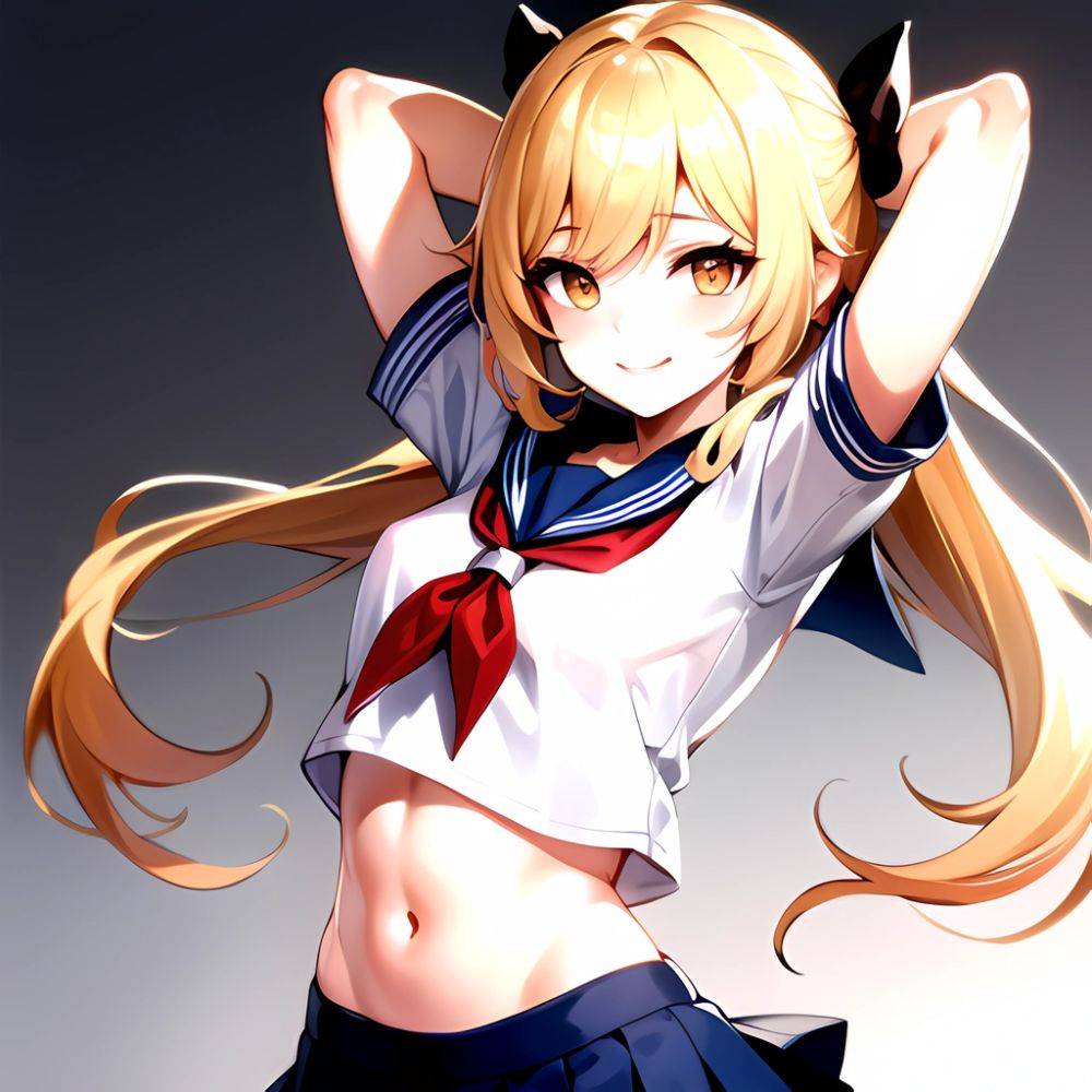 1girl Arms Up Arms Behind Head Blonde Hair Blue Skirt Bow Crop Top Crop Top Overhang Genshin Impact Gradient Background, 3464662063 - AIHentai - #main