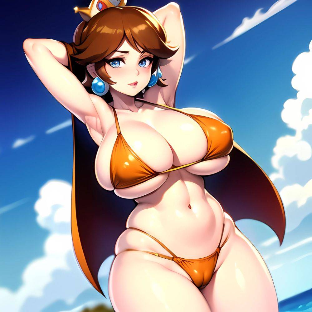 1girl Areola Slip Armpits Arms Behind Head Bikini Blue Eyes Blush Breasts Brown Hair Cleavage Huge Breasts Legs Mario Series, 3235584856 - AIHentai - #main