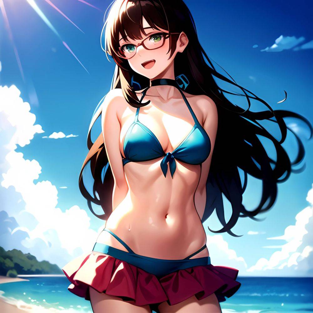 1girl D Bikini Bikini Bottom Aside Bikini Skirt Black Choker Blush Breasts Brown Hair Choker Cleavage Clothing Aside Front Tie, 4180423365 - AIHentai - #main