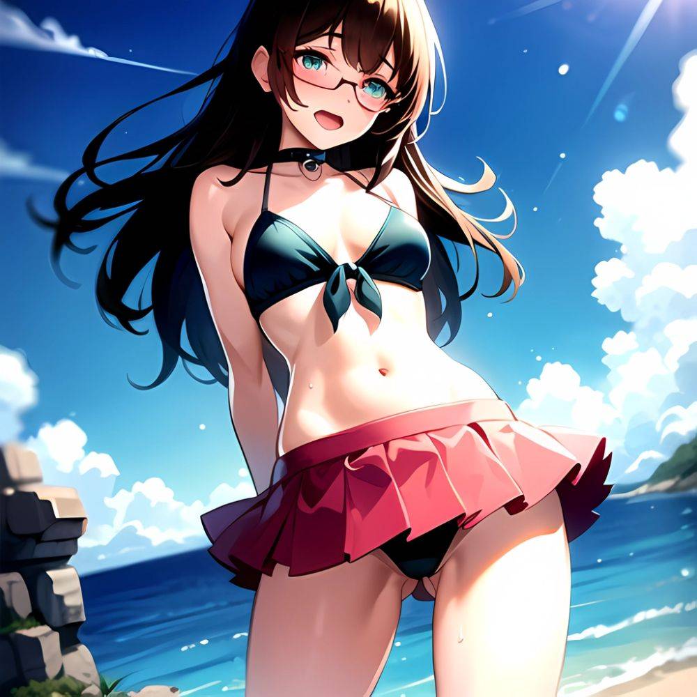 1girl D Bikini Bikini Bottom Aside Bikini Skirt Black Choker Blush Breasts Brown Hair Choker Cleavage Clothing Aside Front Tie, 2035029318 - AIHentai - #main