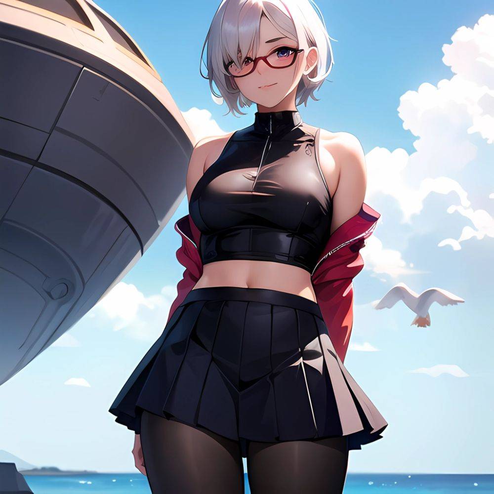 1girl Aircraft Bird Breasts Cloud Cloudy Sky Cowboy Shot Curtsey Dark Skinned Female Dark Skin Day Flashing Glasses Looking At, 2401186685 - AIHentai - #main