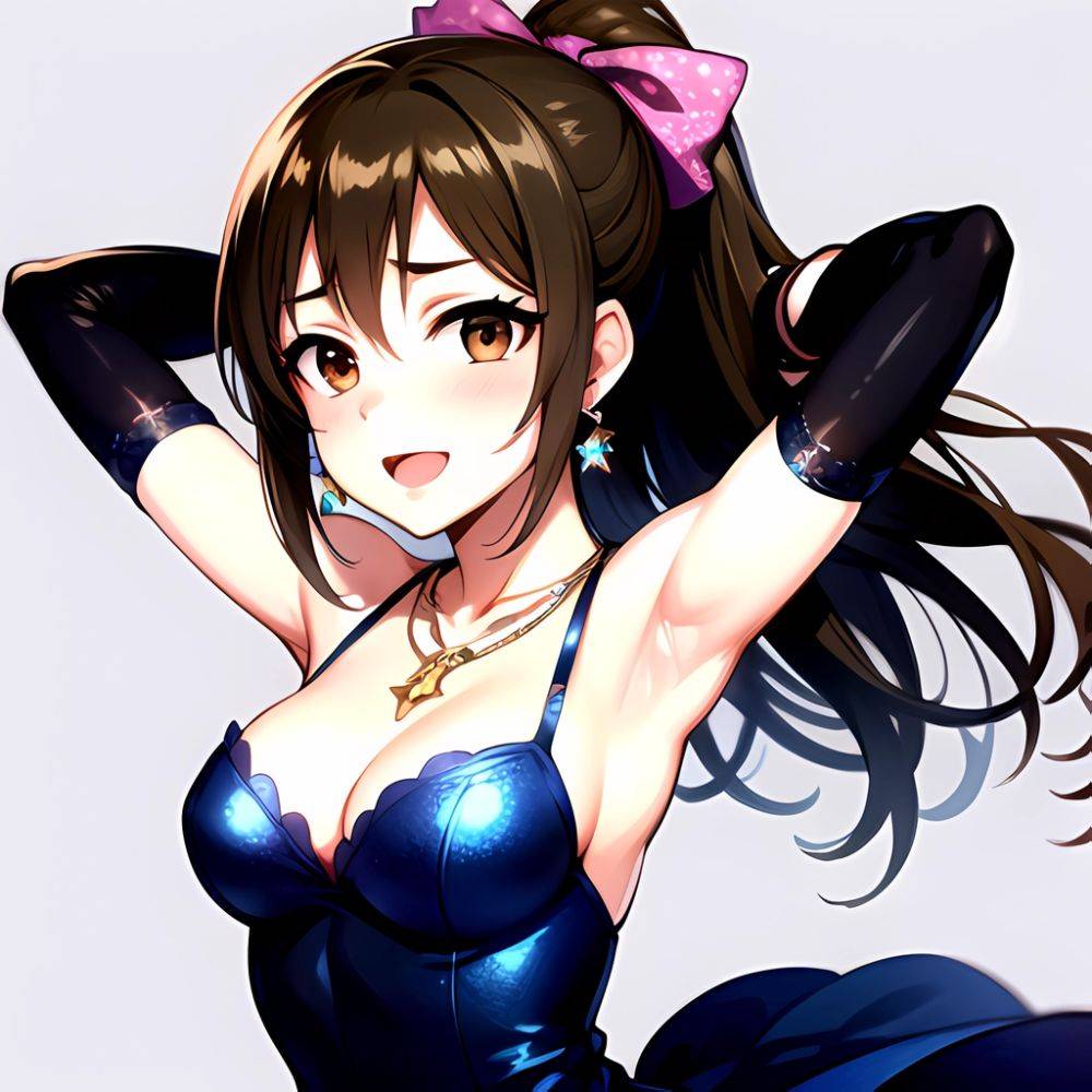 1girl Absurdres Armpits Arms Up Ayase Honoka Black Gloves Blue Bow Blue Dress Blush Bow Breasts Brown Eyes Brown Hair, 492326968 - AIHentai - #main