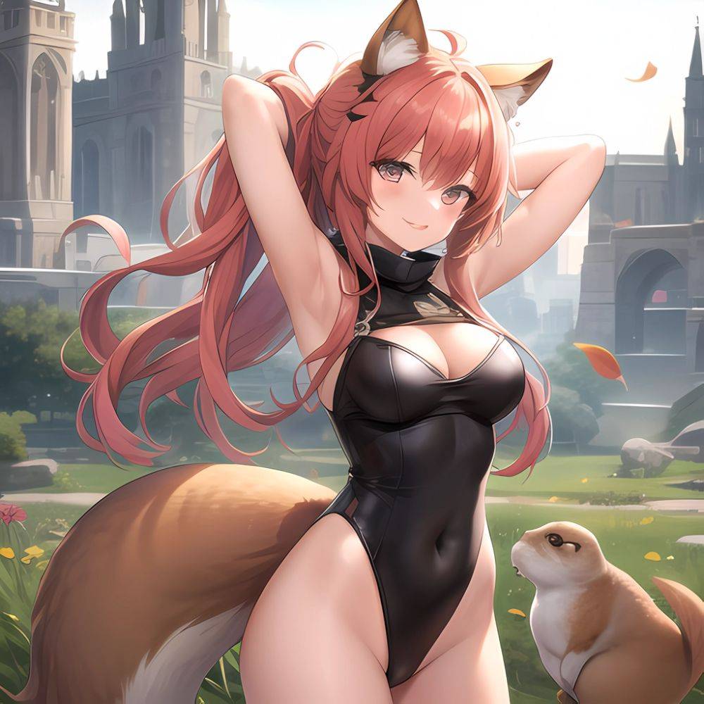 1girl Absurdres Animal Ear Fluff Animal Ears Arknights Arms Behind Head Chest Armor Covered Navel Gravel Arknights Highleg Highl, 105892288 - AIHentai - #main