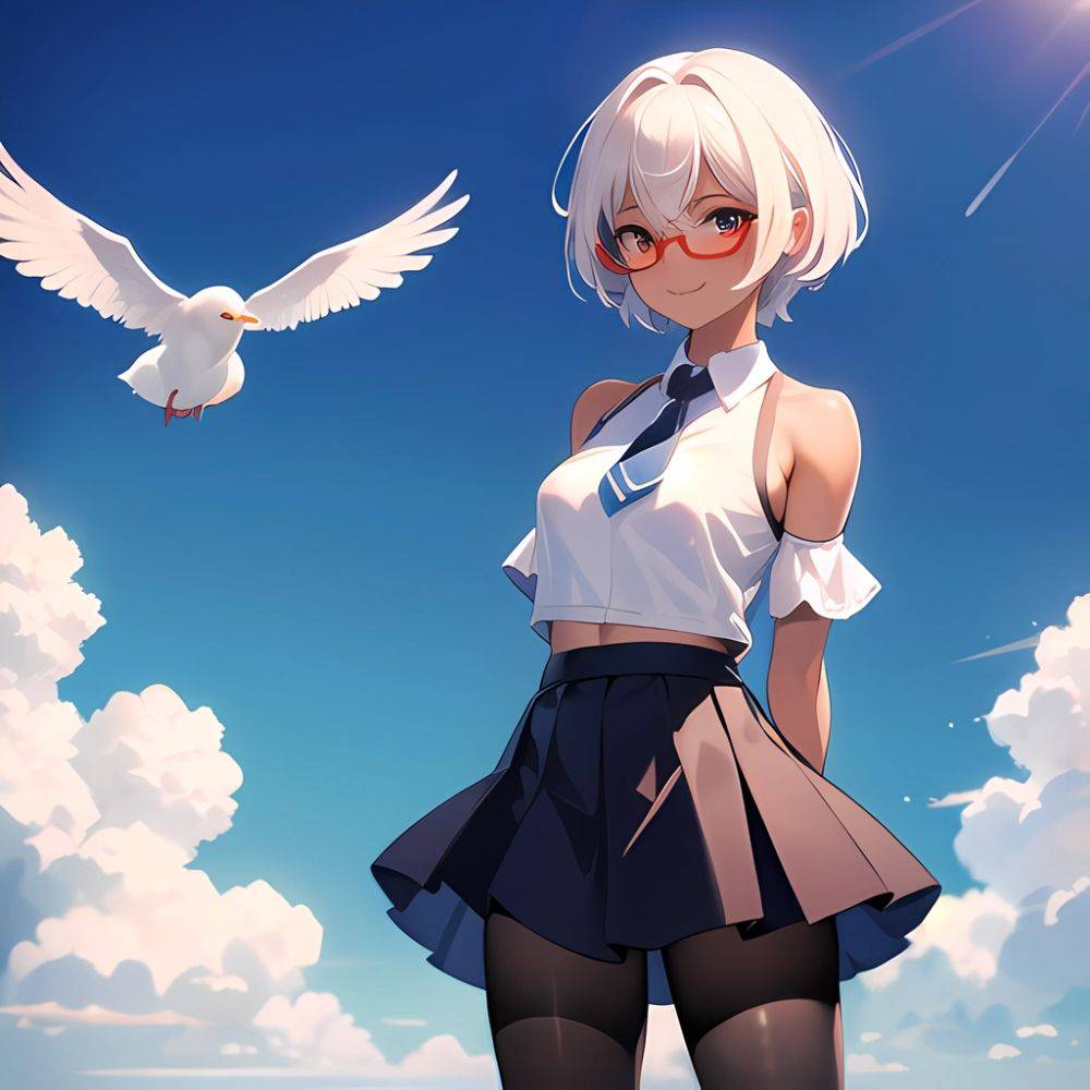 1girl Aircraft Bird Breasts Cloud Cloudy Sky Cowboy Shot Curtsey Dark Skinned Female Dark Skin Day Flashing Glasses Looking At, 3199627599 - AIHentai - #main