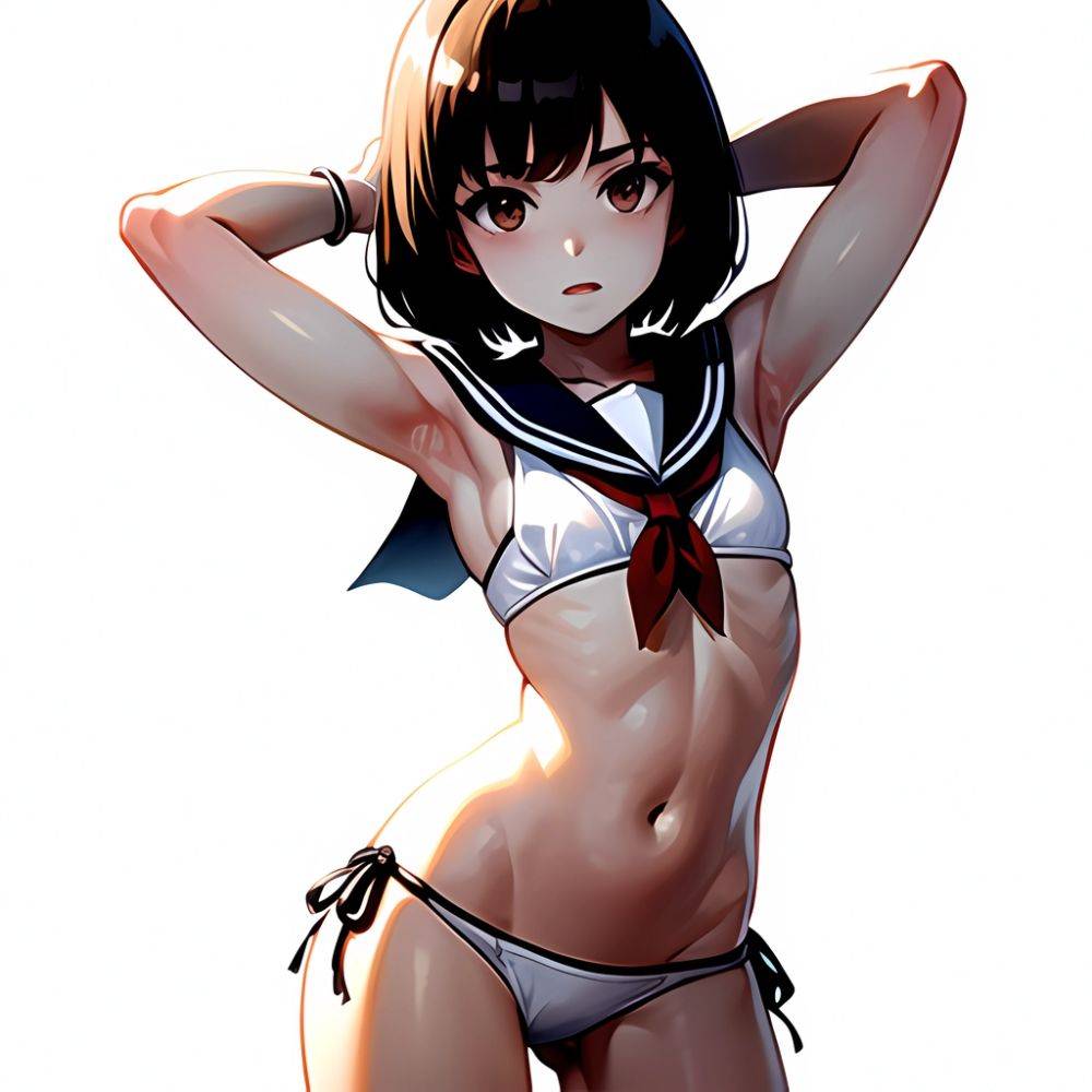 1girl Arms Up Arms Behind Head Bikini Bob Cut Brown Eyes Brown Hair Cosplay Cowboy Shot Flat Chest Headgear Inverted, 3569514110 - AIHentai - #main