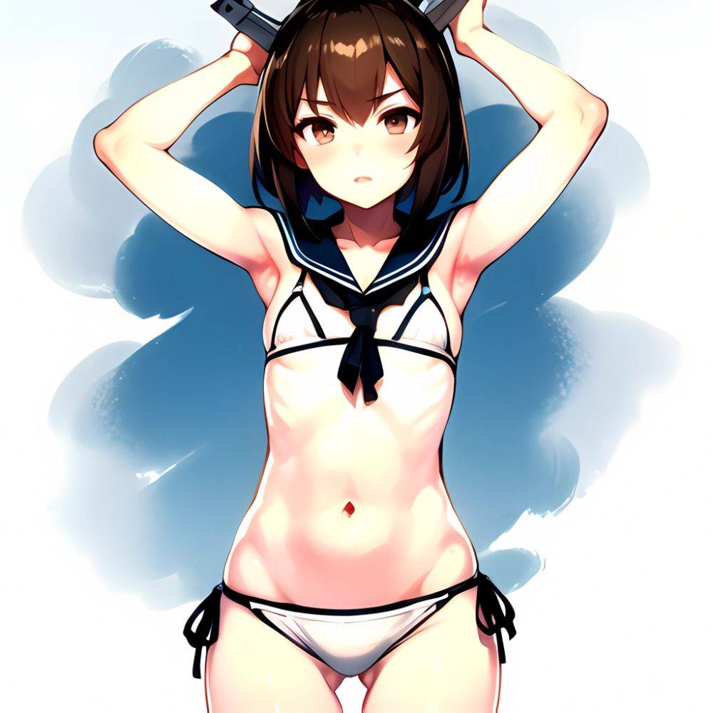 1girl Arms Up Bikini Bob Cut Brown Eyes Brown Hair Commentary Request Cosplay Cowboy Shot Flat Chest Headgear Inverted Bob, 4080817655 - AIHentai - #main