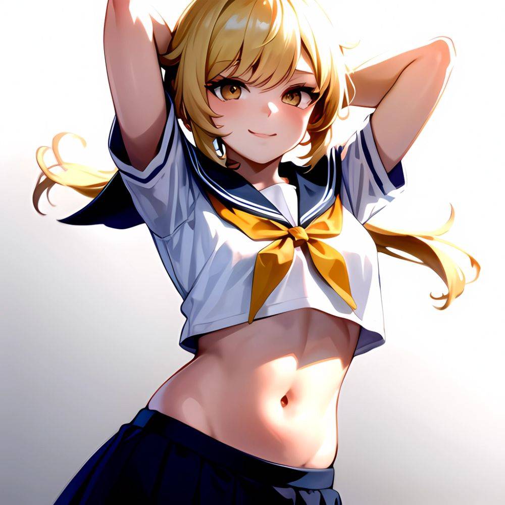 1girl Arms Up Arms Behind Head Blonde Hair Blue Skirt Bow Crop Top Crop Top Overhang Genshin Impact Gradient Background, 2590537521 - AIHentai - #main